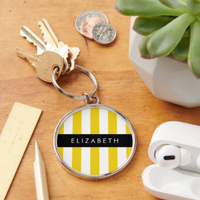 Yellow Stripes, Striped Pattern, Lines, Your Name Key Ring (Desk)
