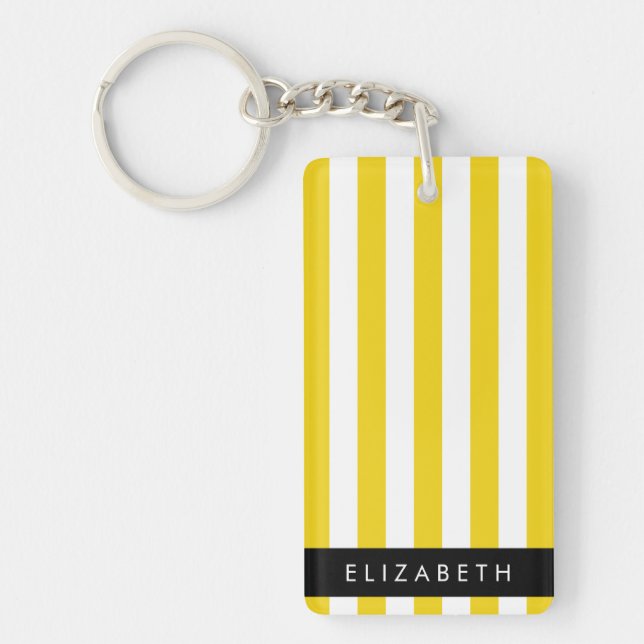 Yellow Stripes, Striped Pattern, Lines, Your Name Key Ring (Front)