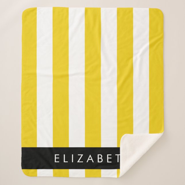 Yellow Stripes, Striped Pattern, Lines, Your Name Sherpa Blanket (Front)