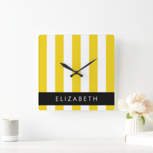 Yellow Stripes, Striped Pattern, Lines, Your Name Square Wall Clock