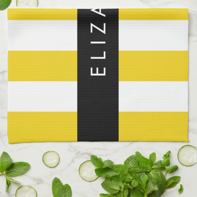 Yellow Stripes, Striped Pattern, Lines, Your Name Tea Towel (Folded)