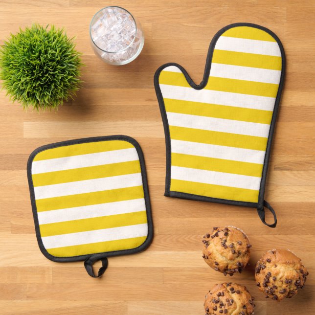 Yellow Stripes, White Stripes, Striped Pattern Oven Mitt & Pot Holder Set (Top Down)