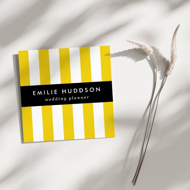 Yellow Stripes, White Stripes, Striped Pattern Square Business Card (Creator Uploaded)