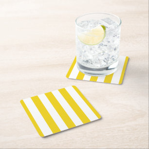 Yellow Stripes, White Stripes, Striped Pattern Square Paper Coaster