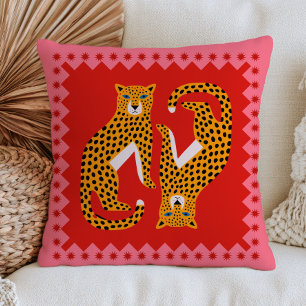 Yellow Stylised Leopards on Red Bold Maximalist Cushion