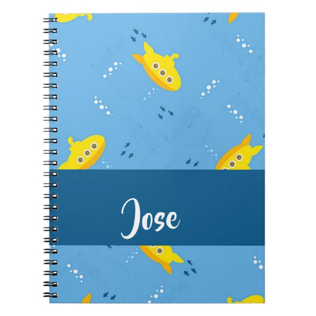 Yellow submarine and fish on blue notebook (Front)