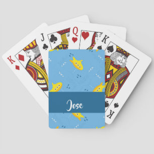 Yellow submarine and fish on blue playing cards