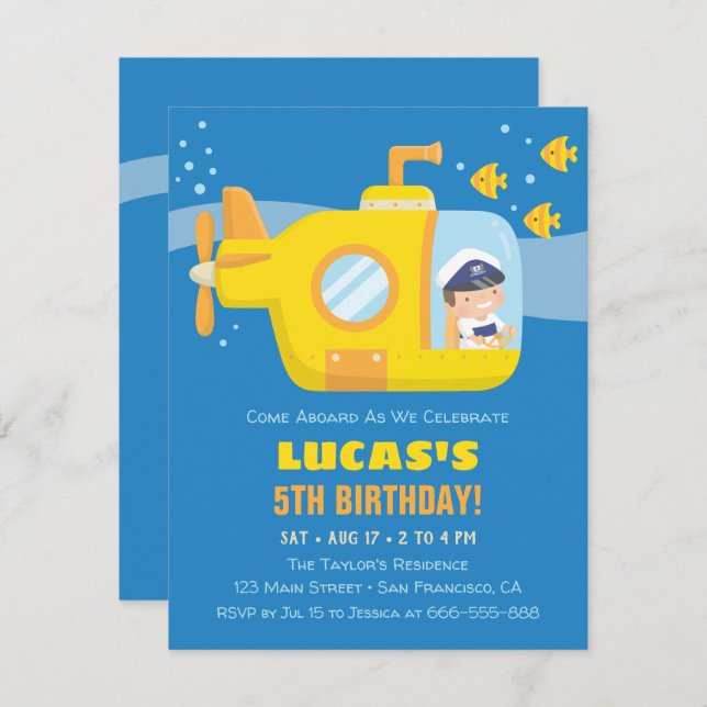 Yellow Submarine Boy Birthday Party Invitations (Front/Back)