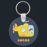 Yellow Submarine Boy Captain Kids Keychain<br><div class="desc">An illustration of a cute boy with a captain hat in a yellow submarine navigating the sea and on adventure! Personalise with boy's name.</div>
