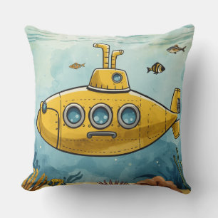 Yellow Submarine Pillow Sea Nautical Illustration