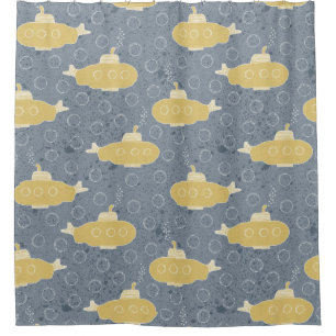 Yellow Submarines with Sweaters Grey Bubbles Shower Curtain