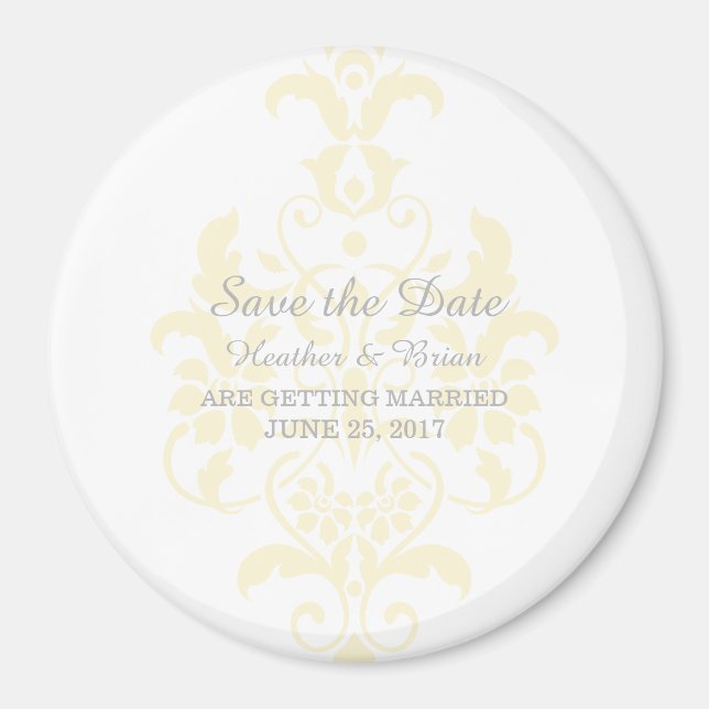 Yellow Subtle Damask Save the Date Magnet (Front)