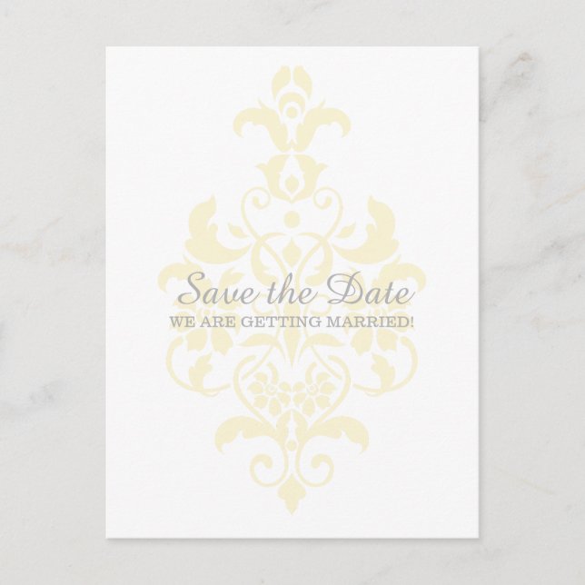 Yellow Subtle Damask Save the Date Postcard (Front)