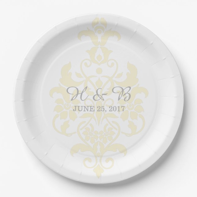 Yellow Subtle Damask Wedding Paper Plates (Front)