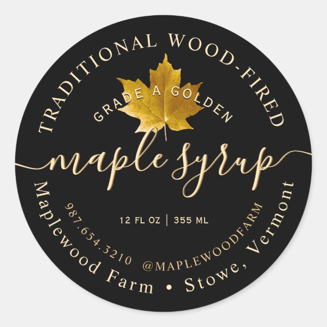 Yellow Sugar Maple Leaf with Modern Script Syrup  Classic Round Sticker (Front)