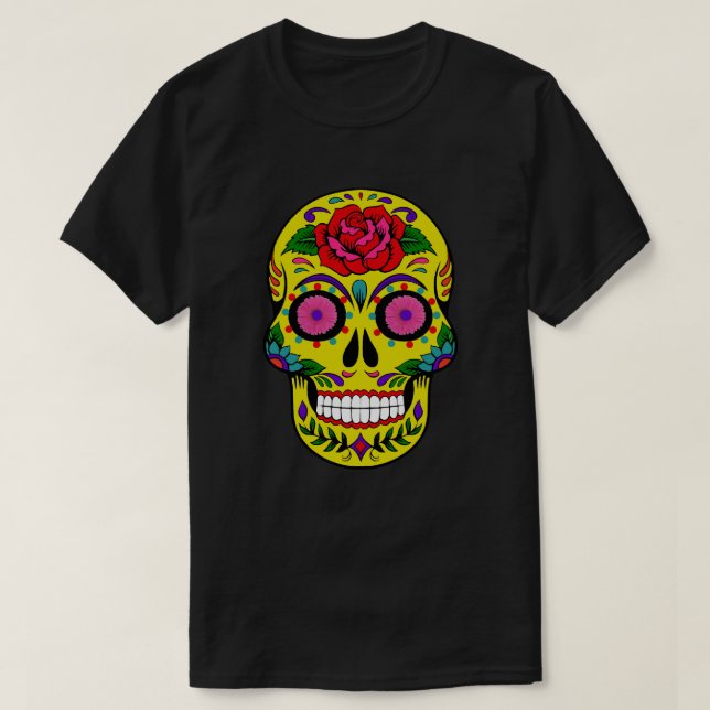 Yellow Sugar Skull Dia de los Muertos  T-Shirt (Design Front)