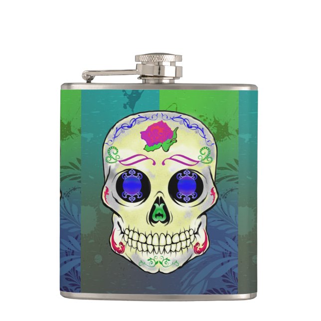 Yellow Sugar Skull with Purple Rose Hip Flask (Front)