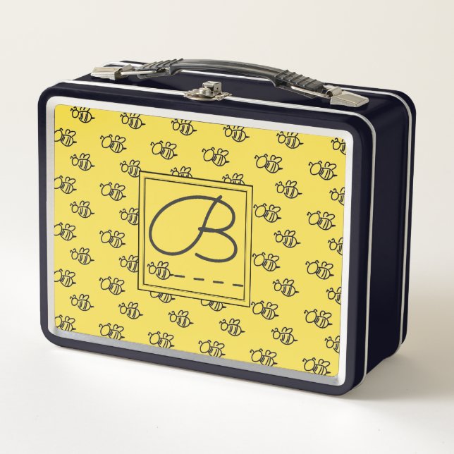 Yellow Summer Bees Monogram Pattern Metal Lunch Box (Front)