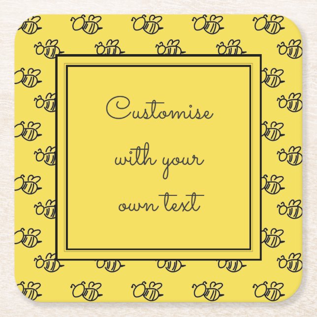 Yellow Summer Bees Pattern Custom Text Square Paper Coaster (Front)
