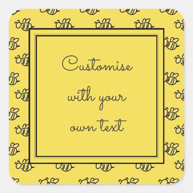 Yellow Summer Bees Pattern Custom Text Square Sticker (Front)