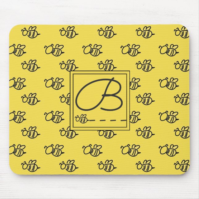 Yellow Summer Bees Pattern Monogram Mouse Mat (Front)