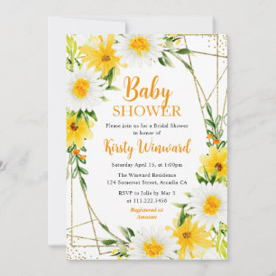 Yellow Summer Flowers & Gold Frame Baby Shower Invitation