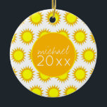 Yellow Summer Sun Sunshine Soak up the Rays Ceramic Tree Decoration<br><div class="desc">Ornament features an original marker illustration of a yellow summer sunshine. Just personalize with your name and date information.

This design is also available on other products. Don't see what you're looking for? Need help with customization? Contact Rebecca to have something designed just for you.</div>