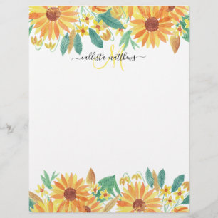 Yellow Summer Sunflower Watercolor Monogram Custom Letterhead