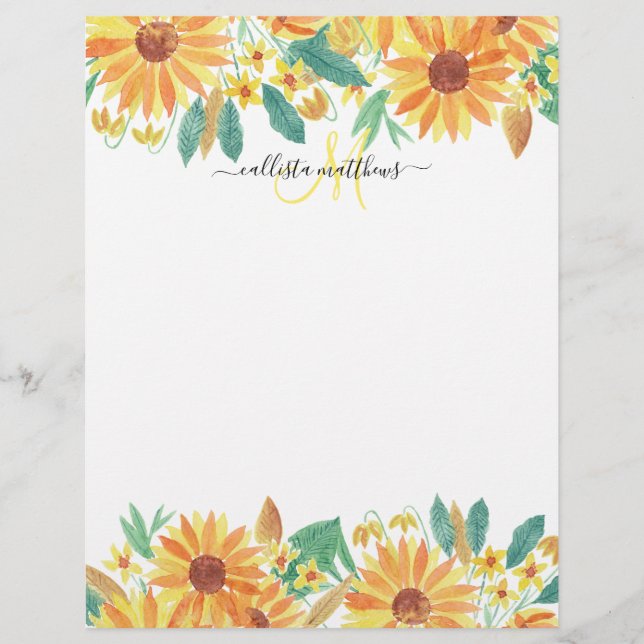 Yellow Summer Sunflower Watercolor Monogram Custom Letterhead (Front)