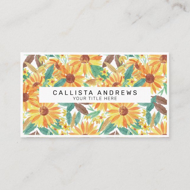 Yellow Summer Sunflower Watercolor Pattern Business Card (Front)