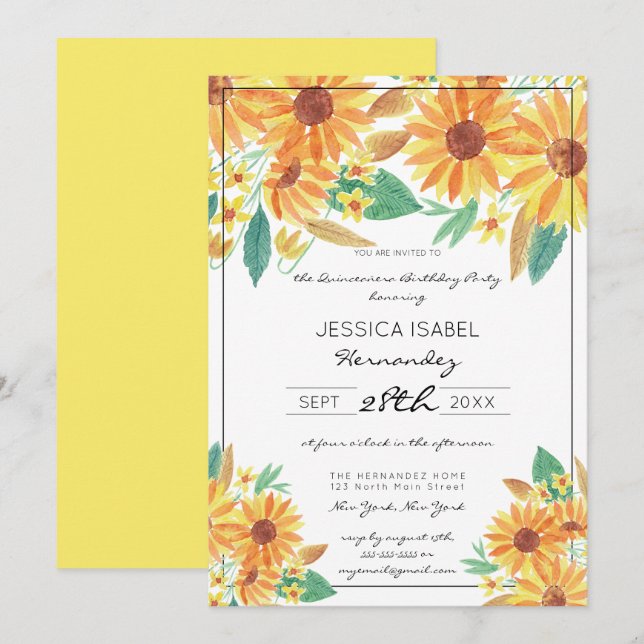 Yellow Summer Sunflower Watercolor Quinceañera Invitation (Front/Back)