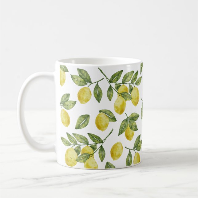 Yellow summer watercolor lemons with green leaves coffee mug (Left)