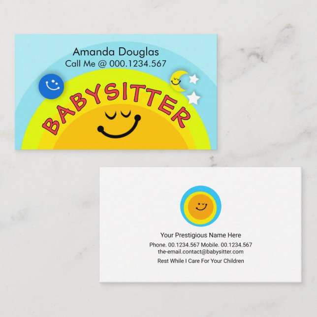 Yellow Sun Babysitting Little Earth Moon Business Card (Front/Back)