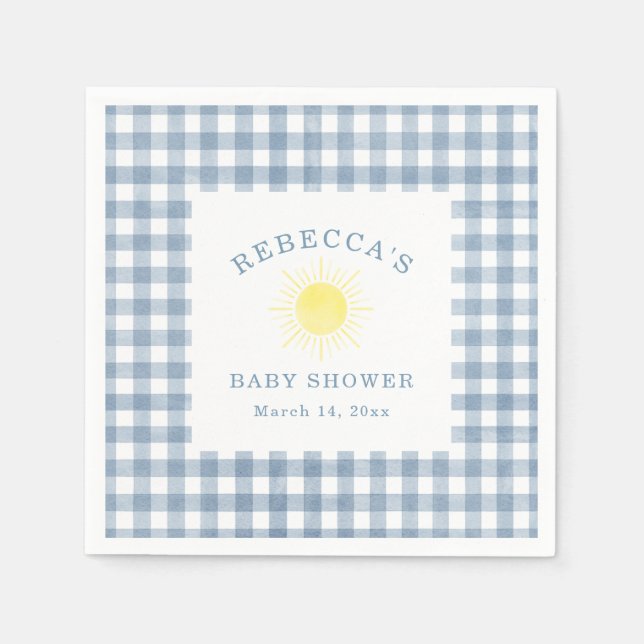 Yellow Sun Blue Gingham Boy Baby Shower Napkin (Front)