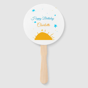 Yellow sun blue stars happy birthday add name text hand fan