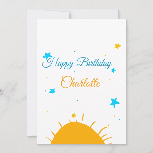 Yellow sun blue stars happy birthday add name text holiday card (Front)