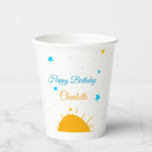 Yellow sun blue stars happy birthday add name text paper cups