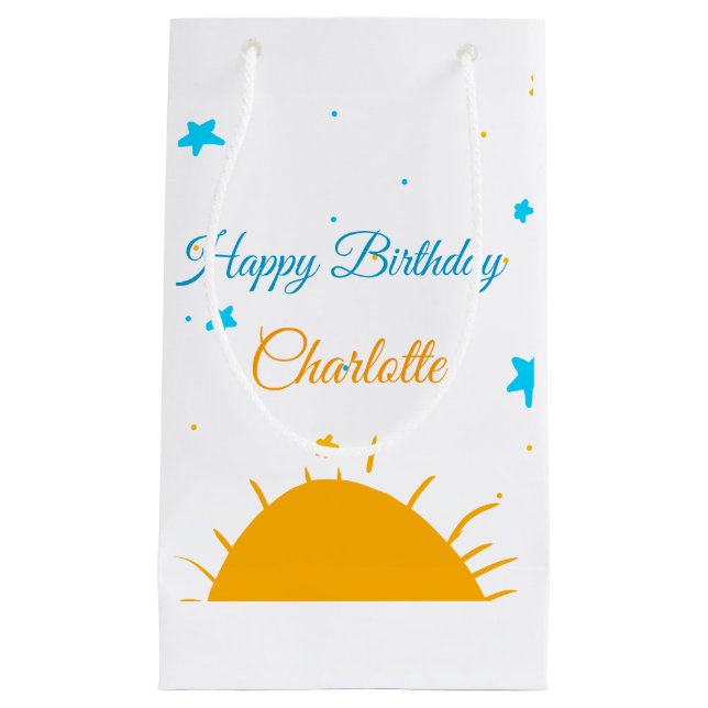 Yellow sun blue stars happy birthday add name text small gift bag (Front)
