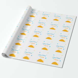 Yellow sun blue stars happy birthday add name text wrapping paper