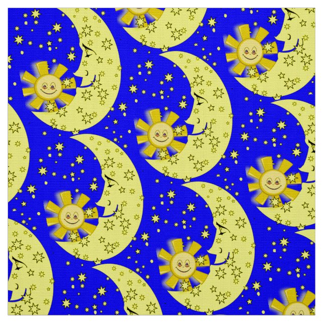 Yellow Sun Moon Stars Blue Fabric (Swatch)