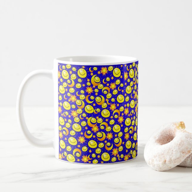 Yellow Sun Moon Stars, Blue Mug (With Donut)