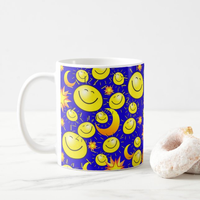 Yellow Sun, Moon, Stars Blue Mug (With Donut)