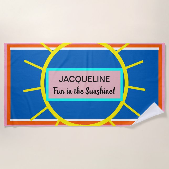 Yellow Sun Pink Blue Orange NAME Beach Towel (Front)