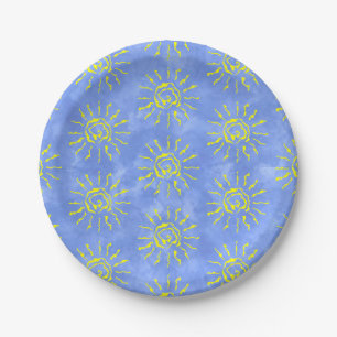 Yellow Sun Watercolor Background Blue Paper Plate