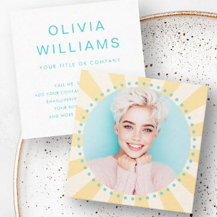 Yellow sunburst aqua blue dots trendy fresh photo square business card