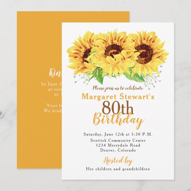 Yellow Sunflower 80th Birthday Invitation (Front/Back)