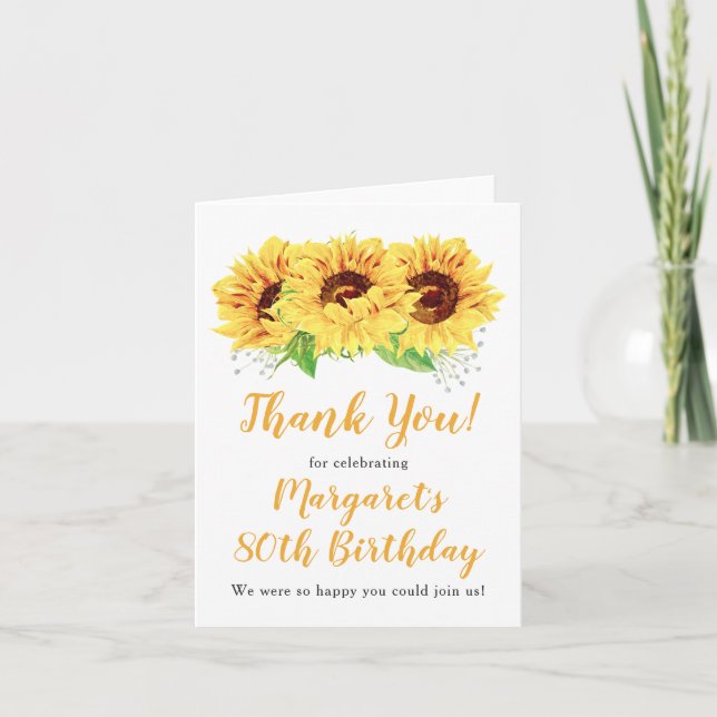 Yellow Sunflower 80th Birthday Thank You (Front)