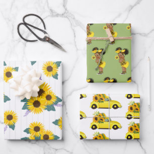 Yellow Sunflower  Adorable Ethnic Girl  Floral Car Wrapping Paper Sheet