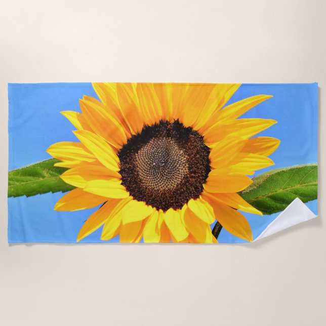 Yellow Sunflower Against Sun on Blue Sky Summer Beach Towel (Front)