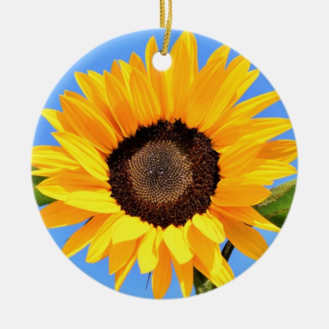 Yellow Sunflower Against Sun on Blue Sky - Summer  Ceramic Tree Decoration (Front)